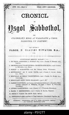 Cronicl yr Ysgol Sabbothol. Englisch: Eine monatliche Walisische Sprache religiöse Zeitschrift für die sonntagsschulen der Calvinistischen methodistischen Konfession. Der periodische wesentlichen Inhalte waren religiöse Artikel, Nachrichten über die Sonntagsschulen und Musik. Die Zeitschrift wurde gemeinsam von John Evans und John Jones, bis November 1879, von David Charles Edwards (1826-1891) bis Dezember 1881 bearbeitet, und von Evan Davies zwischen August 1883 und Februar 1884. Die Musiker David Jenkins (1848-1915) diente als music editor zwischen 1880 und 1884. Deutsch: Cylchgrawn crefyddol Misol, Deutsch ei iaith, oedd y Stockfoto