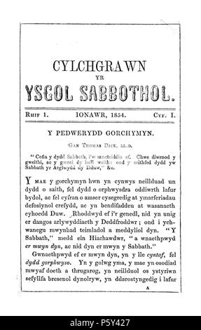 Cylchgrawn yr ysgol Sabbothol (Caernarfon). Englisch: Eine monatliche Walisische Sprache religiöse Zeitschrift für die sonntagsschulen der Calvinistischen methodistischen Konfession, hauptsächlich in Anglesey und Caernarfonshire. Der periodische wesentlichen Inhalte waren religiöse Artikel neben News zu den beiden Grafschaften "Sonntagsschulen in Zusammenhang stehen. Die Zeitschrift wurde von Vaughan Williams Willams (Llygadog), Caernarfon bearbeitet werden. Zugehörigen Titel: Yr Esboniwr (1854). Deutsch: Cylchgrawn crefyddol Misol, Deutsch ei iaith, oedd yn gwasanaethu ysgolion Sul yr enwad Methodistiaid bennaf Calfinaidd yn yn Sir Fôn ein Sir Caernarfon Stockfoto