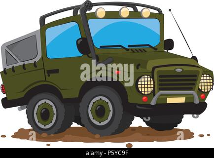 Ein Vektor cartoon repräsentieren eine lustige grüne militärische Offroad benutzerdefinierte Auto im Schlamm geparkt Stock Vektor