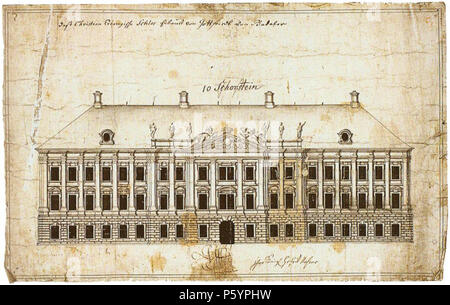 N/A. English: Aufriss der Platzfassade des Strapaziert in Erlangen. Der Entwurf zeigt eine Variante der Fassade des Strapaziert mit breitem Mittelrisalit, sterben nicht !wurde. 1703. vermutlich Gottfried von Gedeler 522 Erlangen Schloss Fassade 1703 001 Stockfoto