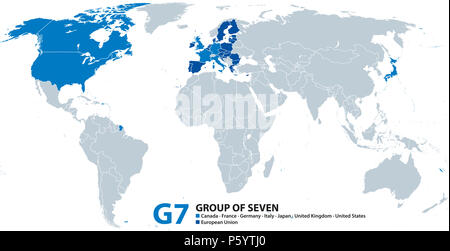 G7, Gruppe von Sieben, Infografik und Karte. Weltgrößte fortgeschrittenen Volkswirtschaften. Kanada, Frankreich, Deutschland, Italien, Japan, dem Vereinigten Königreich und den Vereinigten Staaten. Stockfoto