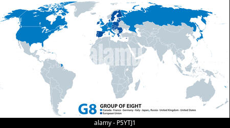 G8, der Gruppe der Acht, Infografik und Karte. Als G 7 nach Aussetzung Russland neu formatiert. Stockfoto