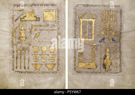 N/A. Englisch: Zwei mit Blick auf illuminierte Seiten aus der hebräischen Bibel, unbekannter Schreiber, Spanisch, Ende des 13. Jahrhunderts, Farben und Blattgold auf Pergament, Sammlung von Jay und Jeanie Schottenstein. Ende des 13. Jahrhunderts. Unbekannte spanische Schreiber 544 Seiten von der Hebräischen Bibel, Spanisch, Ende des 13. Jahrhunderts Stockfoto