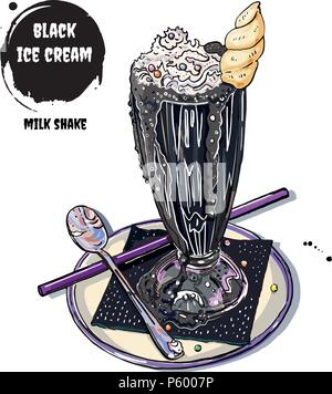 Schwarzes Eis Einhorn Milchshake. Hand Vector Illustration gezeichnet. Aquarell Spritzer, Beschriftung. Auf weissem Hintergrund. Trendy Pastelltönen Gothic fantasy Dessert. Halloween behandeln. Stock Vektor