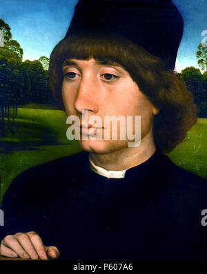 Porträt eines jungen Mannes von Hans Memling (Selingestadt am Main 1435/1440 - Brügge 1494), Deutsche, Deutschland. Stockfoto