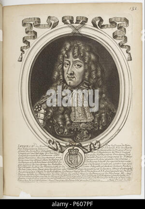 N/A. Français: Les Augustes Représentations de tous les Rois de France, depuis Pharamond jusqu'à Louis XIV,... avec un abrégé historique sous chacun, Contenant leurs naissances, Neigungen et Aktionen plus remarquables Pendant leurs règnes. 1690. N/A 531 Estampes par Nicolas de Larmessin. f 137. Jacques II, Roi d'Angleterre Stockfoto