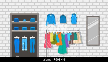Frauen Kleidung Store innen Innenraum Abbildung. Flache vector Hintergrund. Weibliche casual Outfit Shop. Verschiedene Kleidungsstücke hängen Aufhänger Rack. Denim Stock Vektor