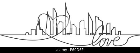 Silhouette der Stadt und das Herz und die Liebe in kontinuierlichen Zeichnen von Linien in einem flachen Stil. Moderne urbane Landschaft. Vektorgrafiken. Wolkenkratzer Gebäude Büro Horizont. Kontinuierliche Linie zeichnen Stock Vektor