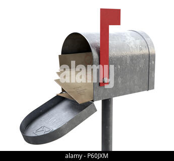 Eine offene Old School Retro Zinn Mailbox prall mit einem Stapel Briefe und Umschläge in es auf einem isolierten Hintergrund vollgestopft - 3D-Rendering Stockfoto