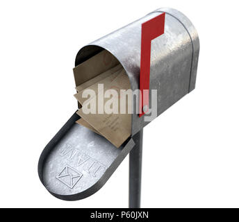 Eine offene Old School Retro Zinn Mailbox prall mit einem Stapel Briefe und Umschläge in es auf einem isolierten Hintergrund vollgestopft - 3D-Rendering Stockfoto