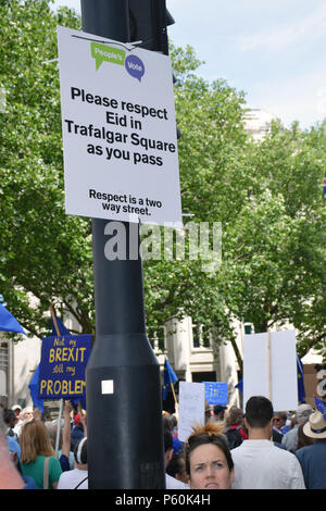 Anti Brexit Demo, London, 23. Juni 2018 UK. Kampagne für einen Menschen auf der abschließenden Brexit beschäftigen. März Bestehen der Eid feiern in Trafalgar Quadrat Stockfoto