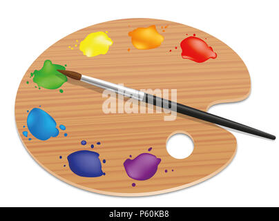 Künstler Palette. Malerei Holz board mit verschiedenen Farben und Pinsel - Abbildung auf weißem Hintergrund. Stockfoto