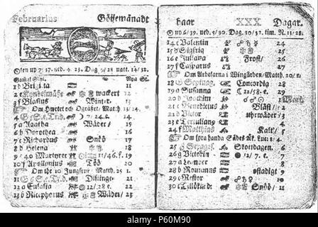 N/A. Das Bild zeigt zwei Seiten von einer schwedischen Almanach von 1712. In der linken oberen Ecke sehen Sie das Wort "Februarius', und unten auf der rechten Seite, am 30. Tag dieses Monats wird erwähnt. Die zwei Wörter ein, die Sie rechts neben der Nummer '30' sind: 'Tillökad', 'hinzugefügt'. "Nöö", "jetzt". War es üblich, die Wettervorhersagen für das gesamte Jahr im Kalender. Durch den Rest der Termine, der Schwedische name Tag Namen aufgelistet. Auf der rechten Seite vom Februar 14 es sagt Valentin, Schwedisch für en: Valentinstag. . 2. März 1712. Sendker 551 Feb 1712 Stockfoto