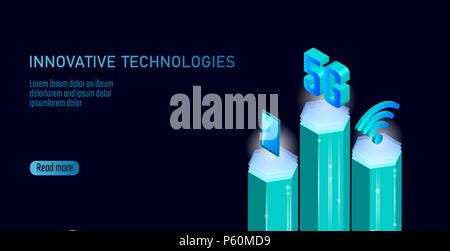 5G Wireless Internet Wifi Verbindung. Smartphone mobile device Isometrische blau 3d-flach. Globales Netzwerk mit hoher Geschwindigkeit innovation Datenrate der Verbindung Technologie Vector Illustration Stock Vektor