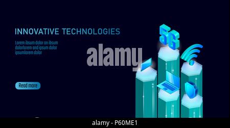 5G Wireless Internet Wifi Verbindung. Smartphone mobile device Isometrische blau 3d-flach. Globales Netzwerk mit hoher Geschwindigkeit innovation Datenrate der Verbindung Technologie Vector Illustration Stock Vektor
