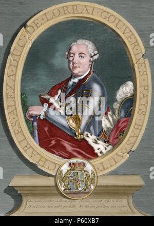 Karl Alexander von Lothringen (1712-1780). Österreichischer General und Gouverneur der Österreichischen Niederlande. Stich von G. Greismann. Universelle Geschichte, 1885. Gefärbt. Stockfoto