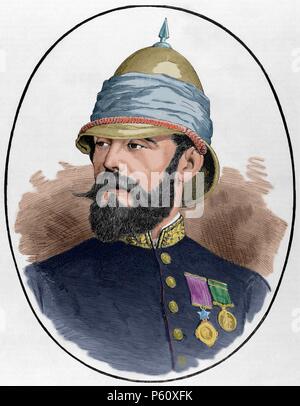 Sir Pierre Louis Napoleon Cavagnari (1841-1879). Britische Militär. Gravur in der spanischen und amerikanischen Illustration, 1879. Gefärbt. Stockfoto