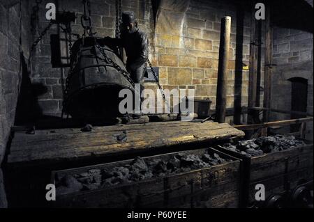 Geschichte. Bergbau. Coal Mine. Gewinnung von Kohle und Transport im minecart. 19. Diorama. Deutsches Museum (Museum für Wissenschaft und Technologie). München. Deutschland. Stockfoto