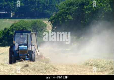 Reif, East Sussex, UK. 28. Juni 2018. Staub steigt von Knochen trockenen Felder als Bauer macht Heu, während die Sonne scheint. Der Südosten hat einer der trockensten Junis auf Aufzeichnung gesehen. © Peter Cripps/Alamy leben Nachrichten Stockfoto