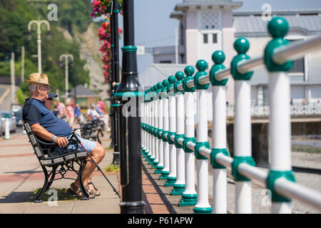 Penarth, Wales, Großbritannien, 28. Juni 2018. Ein paar genießen die Aussicht von Penarth Esplanade wie in Großbritannien in der Sommerhitze sonnt. Credit: Mark Hawkins/Alamy leben Nachrichten Stockfoto