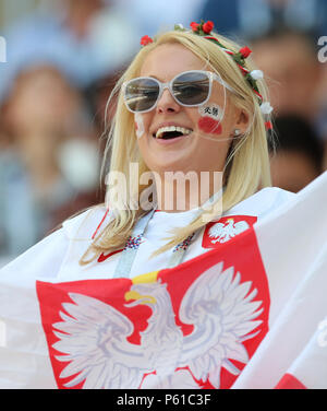 Wolgograd, Russland. 28 Juni, 2018. Ein Ventilator ist vor der 2018 FIFA World Cup Gruppe H Übereinstimmung zwischen Japan und Polen in Wolgograd, Russland, Juni 28, 2018 gesehen. Credit: Yang Lei/Xinhua/Alamy leben Nachrichten Stockfoto