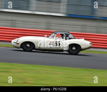 Martin Hunt, Theo Hunt, Patrick Blakeney-Edwards, Jaguar E-Type, GT und Sportwagen Cup, HSCC, Silverstone International Trophy historisches Rennen treffen, Stockfoto