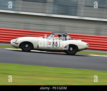 Martin Hunt, Theo Hunt, Patrick Blakeney-Edwards, Jaguar E-Type, GT und Sportwagen Cup, HSCC, Silverstone International Trophy historisches Rennen treffen, Stockfoto