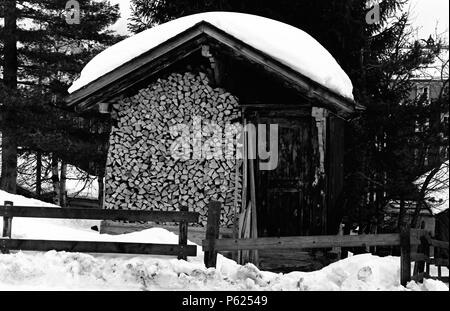 Brennholz Lagerung in Berner Oberland, Schweiz, im Januar 2008. Stockfoto