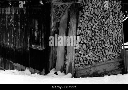 Brennholz Lagerung in Berner Oberland, Schweiz, im Januar 2008. Stockfoto