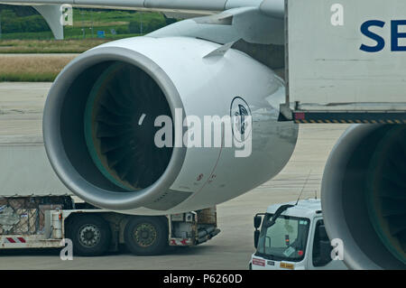 Paris, Frankreich, 16.Juni, 2018 der Flughafen Charles de Gaulle, Air France Airbus A380 die Vorbereitung für den Start, Abflug Stockfoto