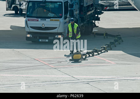 Paris, Frankreich, 16.Juni, 2018 der Flughafen Charles de Gaulle, Air France Airbus A380 die Vorbereitung für den Start, Abflug Stockfoto