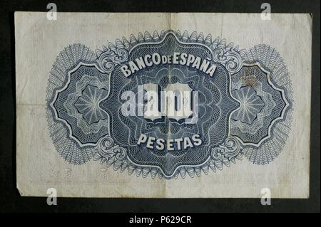 DINERO: BILLETE DE DIEZ PESETEN DE 1935. ANVERSO: BUSTO MUJER COMO ALEGORIA A LA REPUBLICA. LEYENDAS: CERTIFICADO DE PLATA Y DE CURSO LEGAL. REVERSO: SÜNDE FONDO. MEDIDA: 101 x 61. Stockfoto