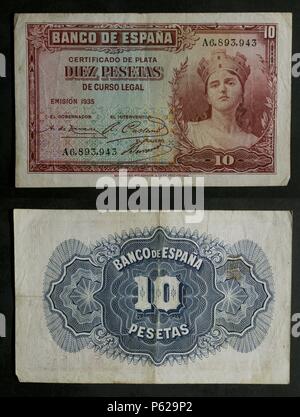 DINERO: BILLETE DE DIEZ PESETEN DE 1935. ANVERSO: BUSTO MUJER COMO ALEGORIA A LA REPUBLICA. LEYENDAS: CERTIFICADO DE PLATA Y DE CURSO LEGAL. REVERSO: SÜNDE FONDO. MEDIDA: 101 x 61. Stockfoto