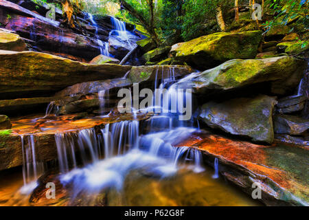 Breite starke Somersby Wasserfall im Regenwald Creek von Central Coast NSW nach schweren Raines fließt zwischen Sandsteinfelsen. Stockfoto