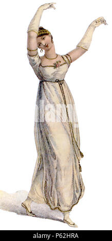 N/A. Hoher Taille Tanz Kleid von 1809, mit Schlitz overskirt - ziemlich modern wirkende in mancher Hinsicht (in einer Weise, dass die meisten Viktorianischen oder achtzehnten Jahrhundert Mode nie sein könnte). Die Frau scheint zu sein das tragen Ohrringe, die relativ durch die Standards der Zeit groß waren. Februar 1809. Unbekannt 1809 Künstler 409 Dancing-Dress-1809 Stockfoto