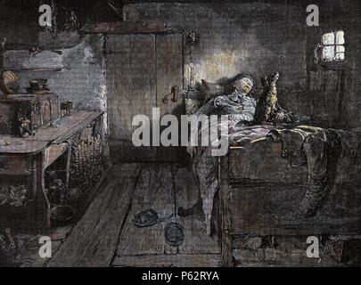 Der Tod der Großmutter. Gravur in "La Ilustracion Artistica", 1886. Farbige. Stockfoto