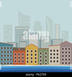 Modernes Stadtkonzept Mit Farbenfrohen Gebäuden, Skyline, Meer Und Blauem Himmel Stock Vektor