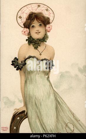 Tarjeta Postal. Modernismo. Dibujo de Raphael Kirchner (1876-1917). Serie "chicas con amuletos de La Buena Suerte". Año 1900. Stockfoto