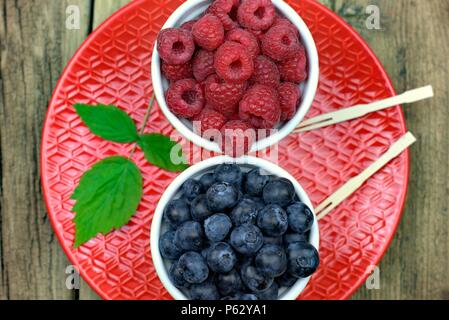 Gesunde Lebensmittel, Landwirtschaft, Ernte und Früchte Konzept: reife Heidelbeeren und Himbeeren in zwei Schalen auf einem roten Keramikteller. Stockfoto