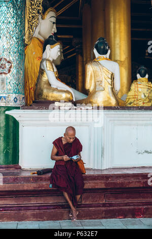 Yangon, Myanmar - Feb 19 2014: Mönch lesen vor Temple an der Shwedagon Pagode Stockfoto