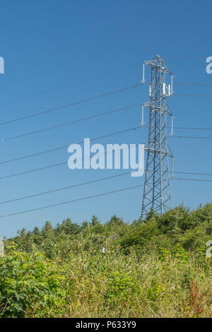 UK hohe Spannung Strom pylon vor blauem Himmel. Übersicht Störlichtbögen Hörner, Glas Isolatoren und Stockbridge Dämpfer/Hund Knochen Dämpfer. Stockfoto