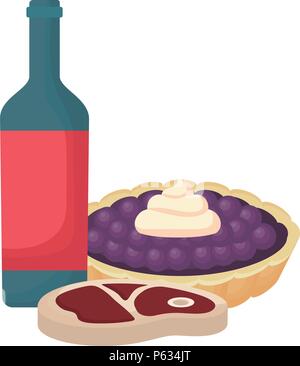 Das Essen bei einem Picknick mit Wein Flasche mit süßen Kuchen und Fleisch Steak auf weißem Hintergrund, Vector Illustration Stock Vektor