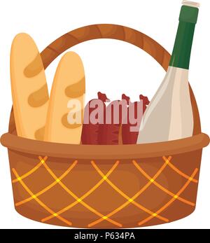 Picknick Korb mit Brot, Wurst und Wein Flasche mit weißem Hintergrund, Vector Illustration Stock Vektor