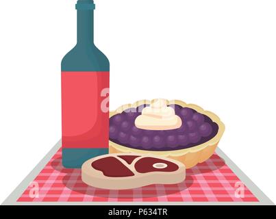 Das Essen bei einem Picknick mit Wein Flasche mit süßen Kuchen und Fleisch Steak auf weißem Hintergrund, Vector Illustration Stock Vektor