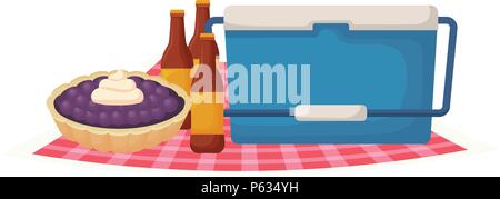 Das Essen bei einem Picknick Design mit Essen Kühler mit Bierflaschen und süßen Kuchen auf weißem Hintergrund, Vector Illustration Stock Vektor