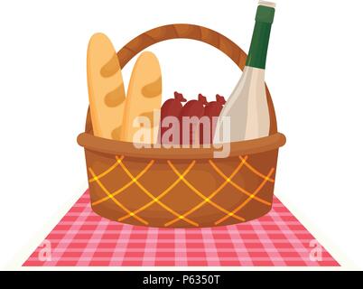 Picknick Korb mit Brot, Wurst und Wein Flasche mit weißem Hintergrund, Vector Illustration Stock Vektor