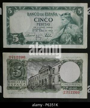 DINERO: BILLETE DE CINCO PESETAS DE 1954. ANVERSO: IMAGEN DE Alfonso X. REVERSO: Biblioteca Nacional. TAMAÑO: 100 x 50 mm. Stockfoto