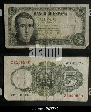 DINERO: BILLETE DE CINCO PESETAS DE 1951. ANVERSO: RETRATO DE JAIME BALMES. Stockfoto