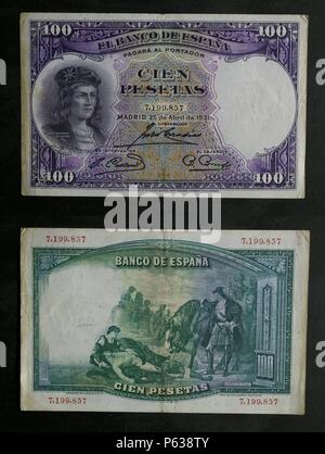 DINERO: BILLETE DE CIEN PESETAS DE 1931 ANVERSO: CABEZA DE GONZALO FERNÁNDEZ DE CÓRDOBA (EL GRAN CAPITAN). REVERSO: CUADRO DE CASADO DE ALISAL "EL GRAN CAPITAN ENCUENTRA, AL DIA SIGUIENTE DE LA BATALLA DE CERIÑOLA, EL ENEMIGO CADAVER DE SU EL DUQUE DE NEMOURS'. MARCA AL AGUA: CABEZA DE GUERRERO CON YELMO. TAMAÑO: 131 x 83 mm. Stockfoto