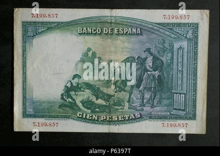 DINERO: BILLETE DE CIEN PESETAS DE 1931 ANVERSO: CABEZA DE GONZALO FERNÁNDEZ DE CÓRDOBA (EL GRAN CAPITAN). REVERSO: CUADRO DE CASADO DE ALISAL "EL GRAN CAPITAN ENCUENTRA, AL DIA SIGUIENTE DE LA BATALLA DE CERIÑOLA, EL ENEMIGO CADAVER DE SU EL DUQUE DE NEMOURS'. MARCA AL AGUA: CABEZA DE GUERRERO CON YELMO. TAMAÑO: 131 x 83 mm. Stockfoto